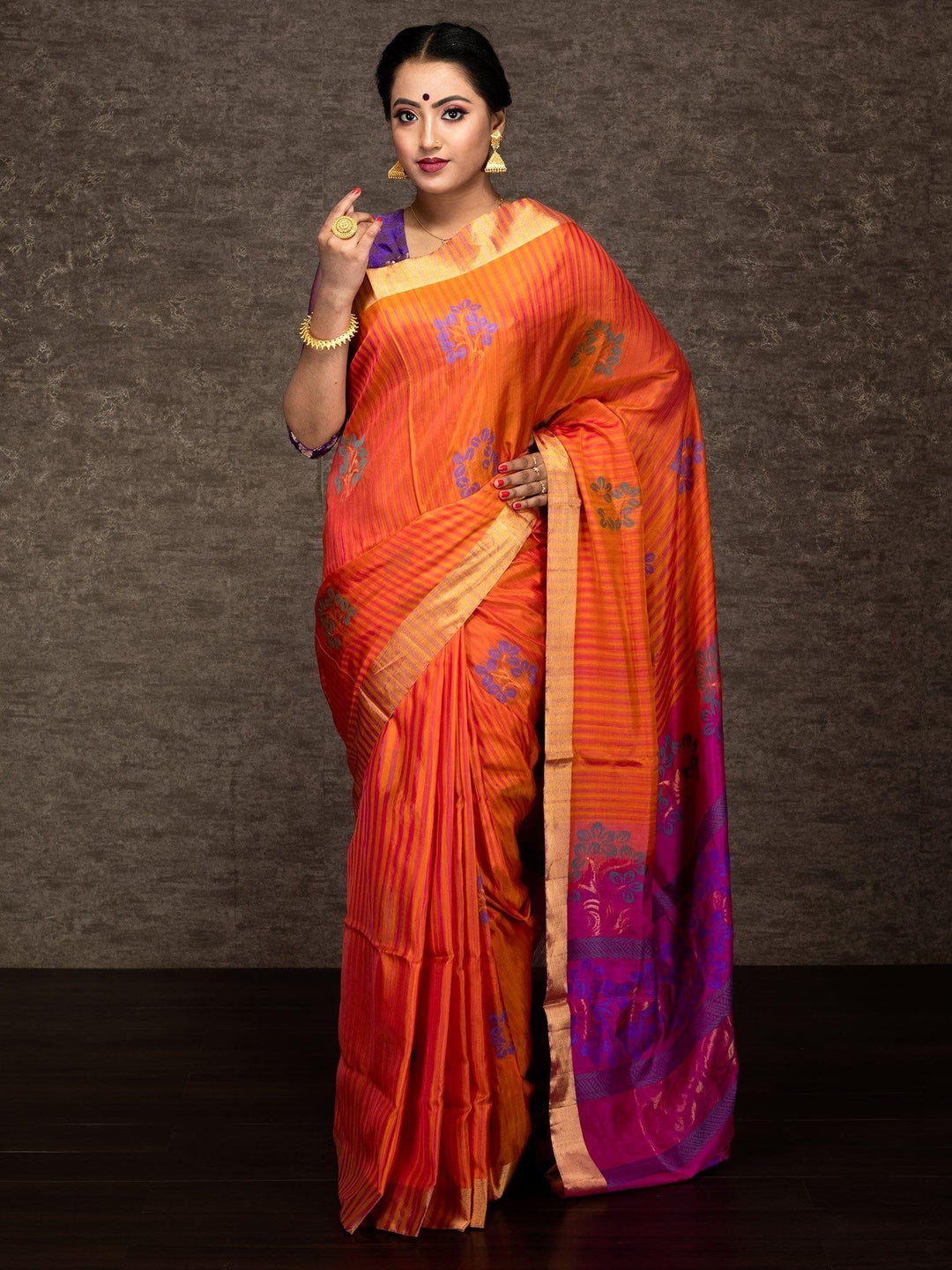 Orange Pink Striped Kanchipuram Katan Silk Saree - WeaversIndia