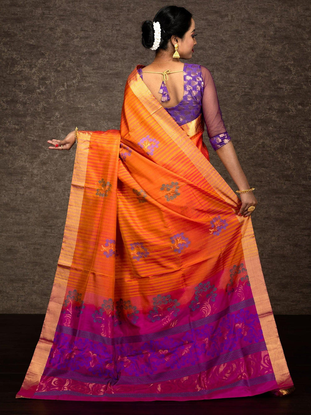 Orange Pink Striped Kanchipuram Katan Silk Saree - WeaversIndia