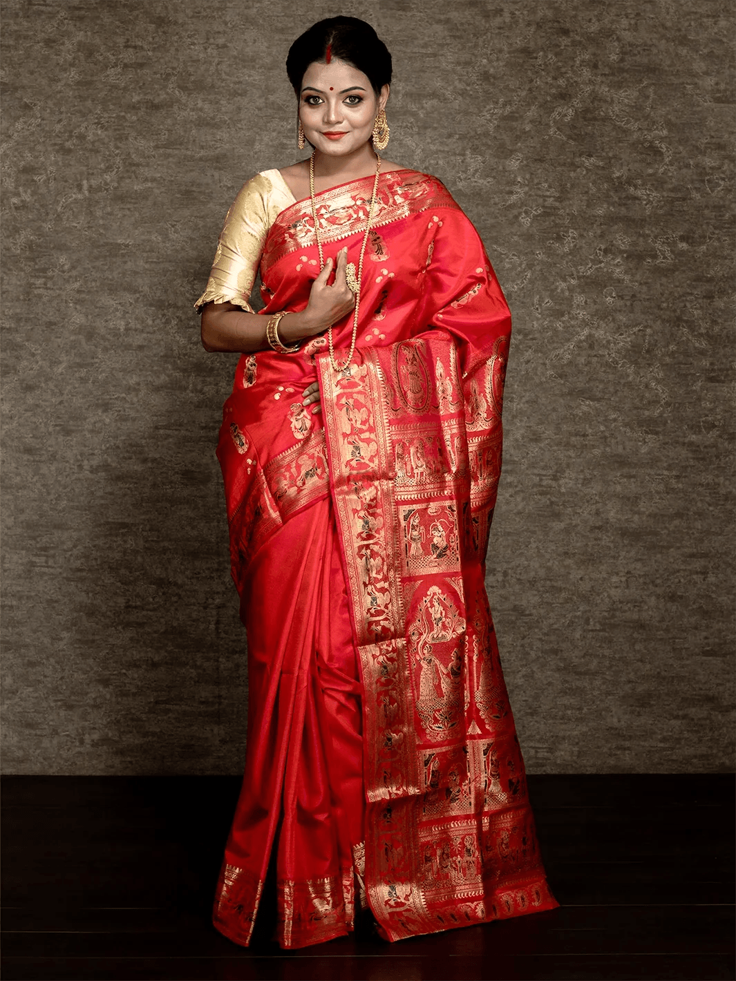 Orange Red Traditional Minakari Swarnachari Silk Saree - WeaversIndia