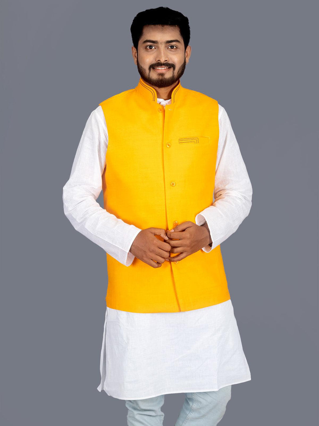 Orange Solid Matka Silk Modi Jacket - WeaversIndia