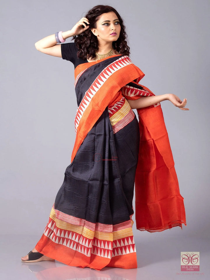 Par Anchal Block Printed Murshidabad Silk Saree - WeaversIndia