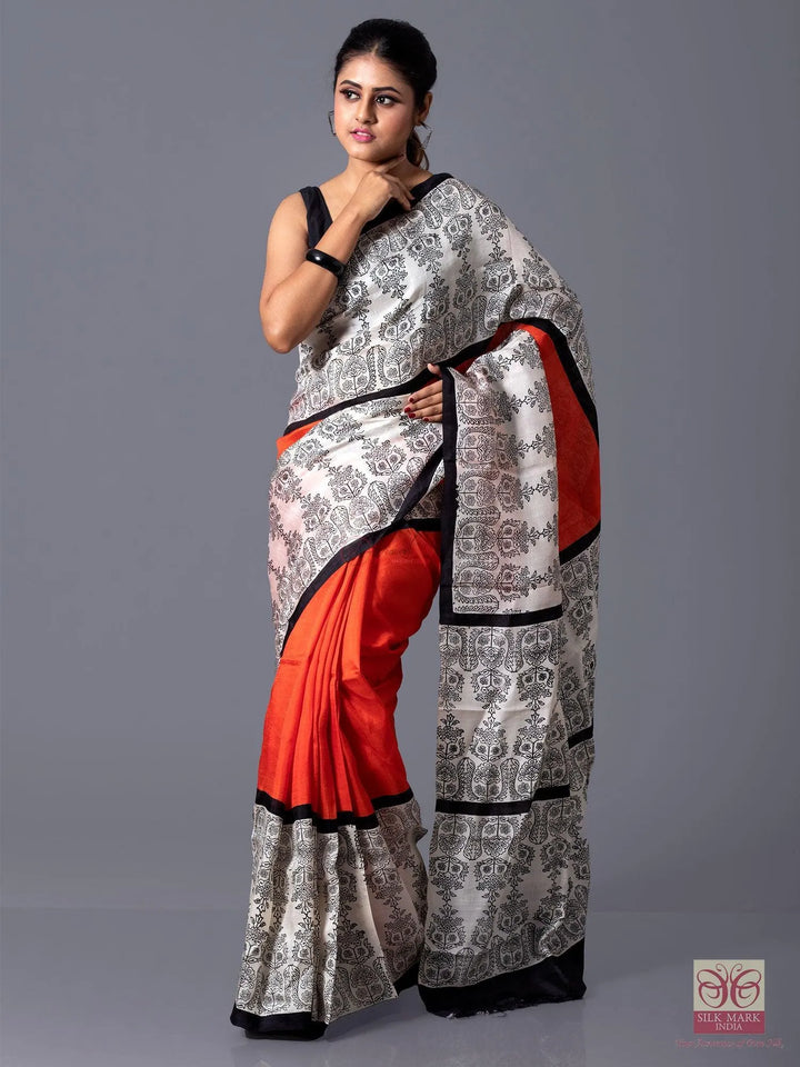 Par Anchal Block Printed Murshidabad Silk Saree - WeaversIndia