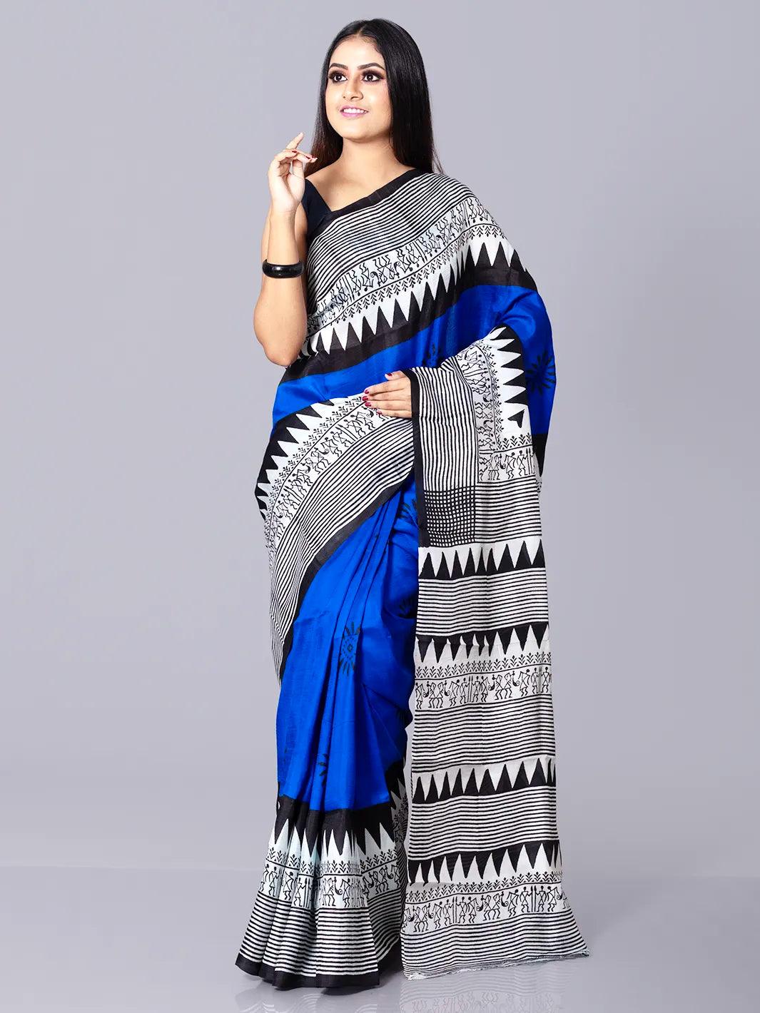 Par Anchal Buti Blue Block Printed Silk Saree - WeaversIndia