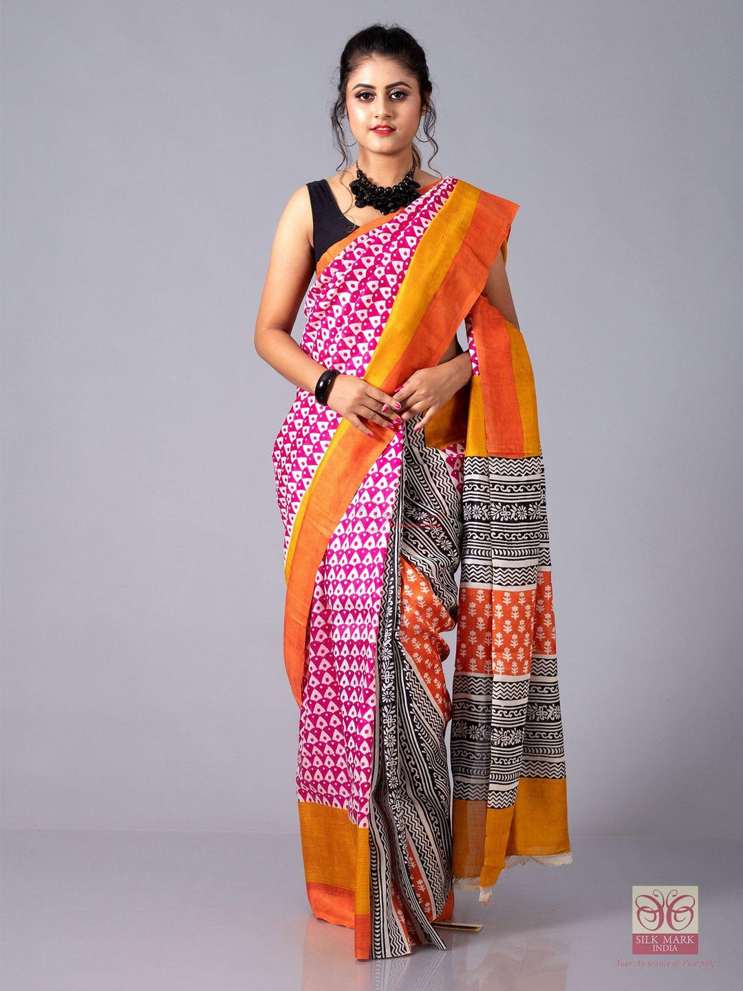 Patli Pallu Block Printed Murshidabad Silk Saree - WeaversIndia