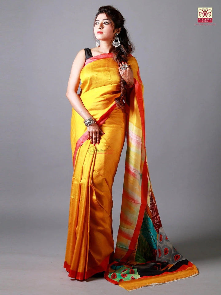 Peacock Motif Hand Painted Murshidabad Silk Saree - WeaversIndia