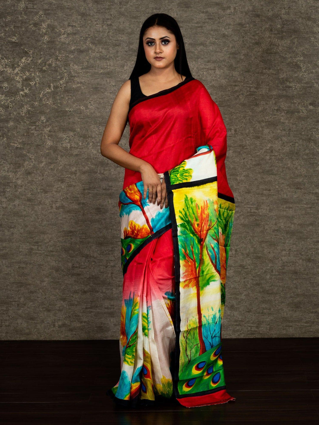 Peock Motif Hand Painted Murshidabad Silk Saree - WeaversIndia