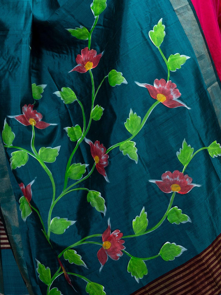 Persian Blue Hand Painted Bishnupuri Katan Silk Dupatta - WeaversIndia