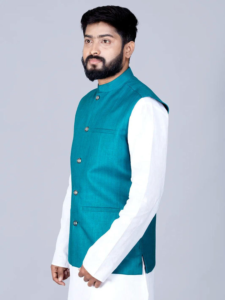 Pien Green Handwoven Cotton Modi Jacket - WeaversIndia