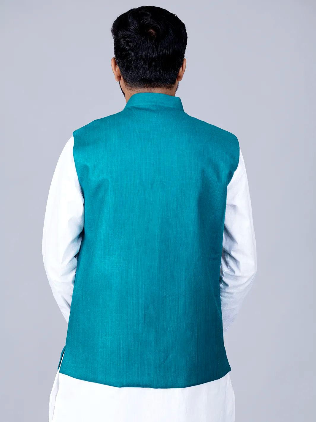 Pien Green Handwoven Cotton Modi Jacket - WeaversIndia