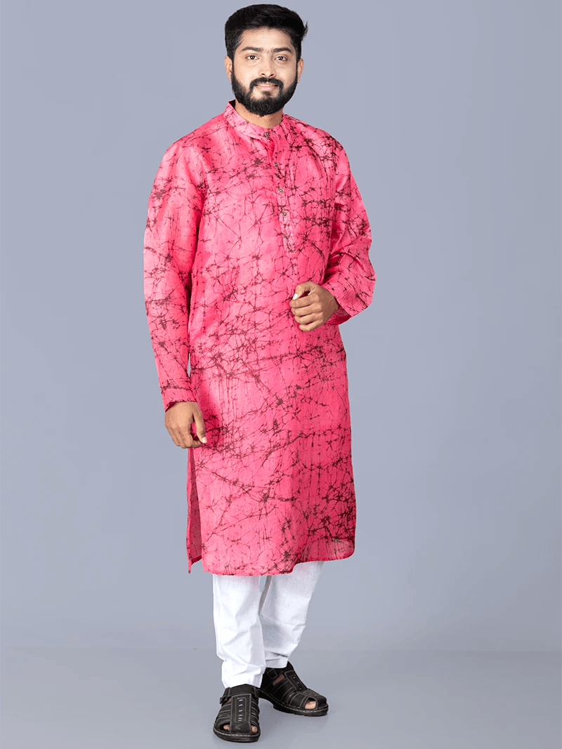 Pink Batik Printed Pure Silk Men Kurta - WeaversIndia