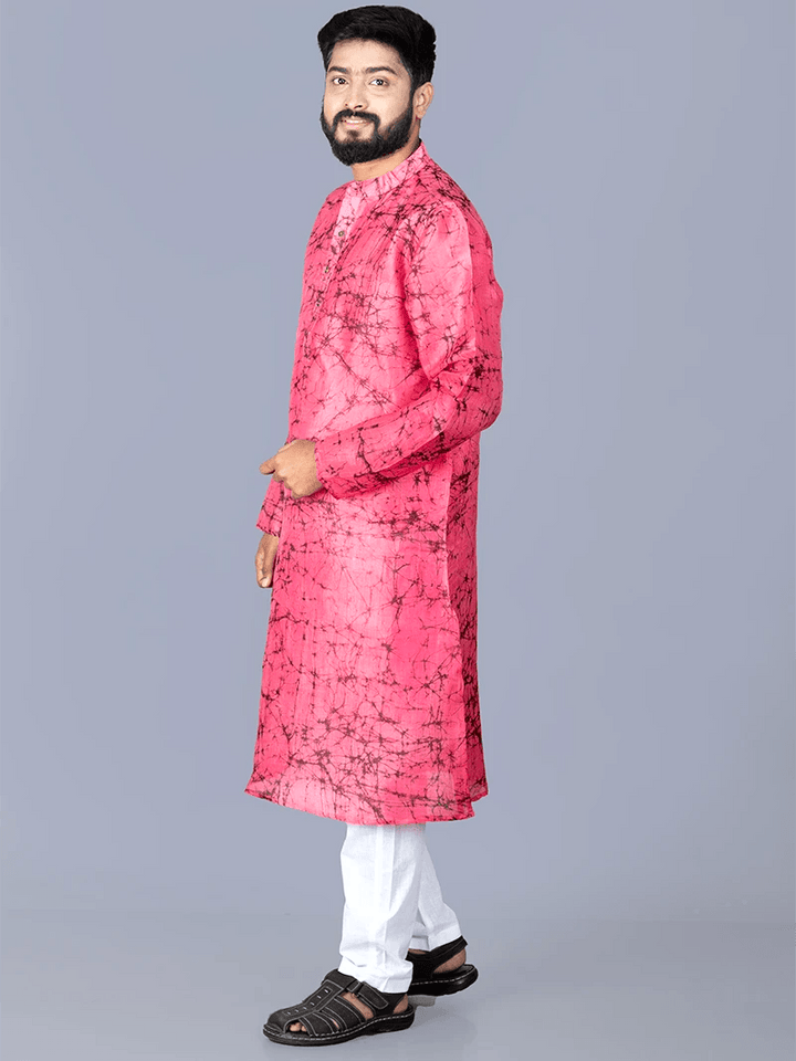 Pink Batik Printed Pure Silk Men Kurta - WeaversIndia