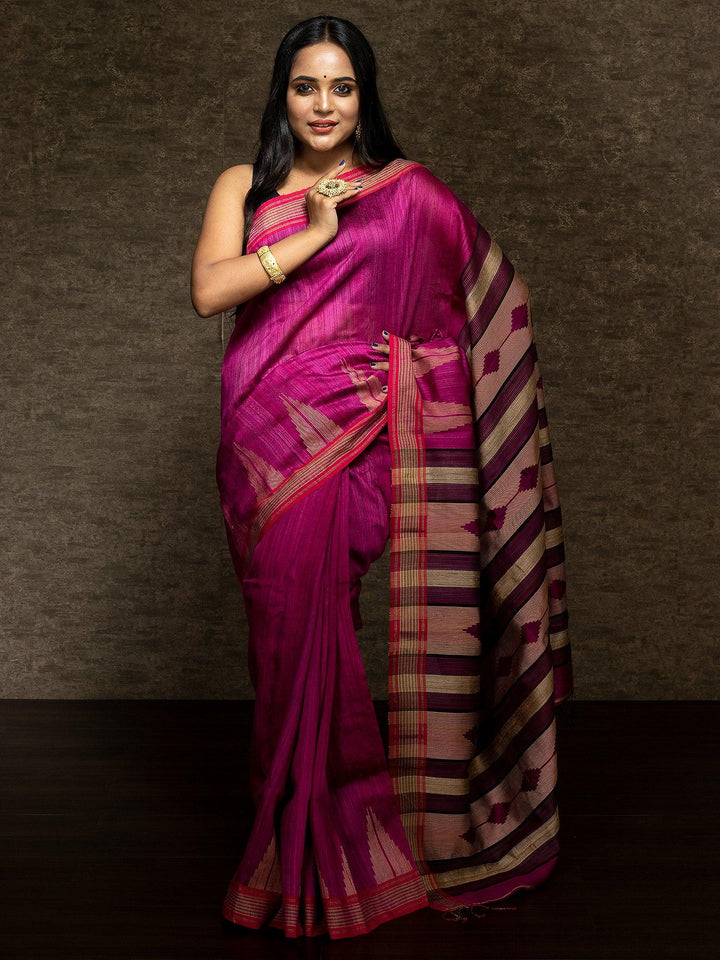Pink Handwoven Matka Silk Jamdani Saree - WeaversIndia