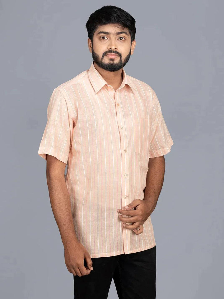 Pink Handwoven Organic Cotton striped Fitted Men Shirt - WeaversIndia