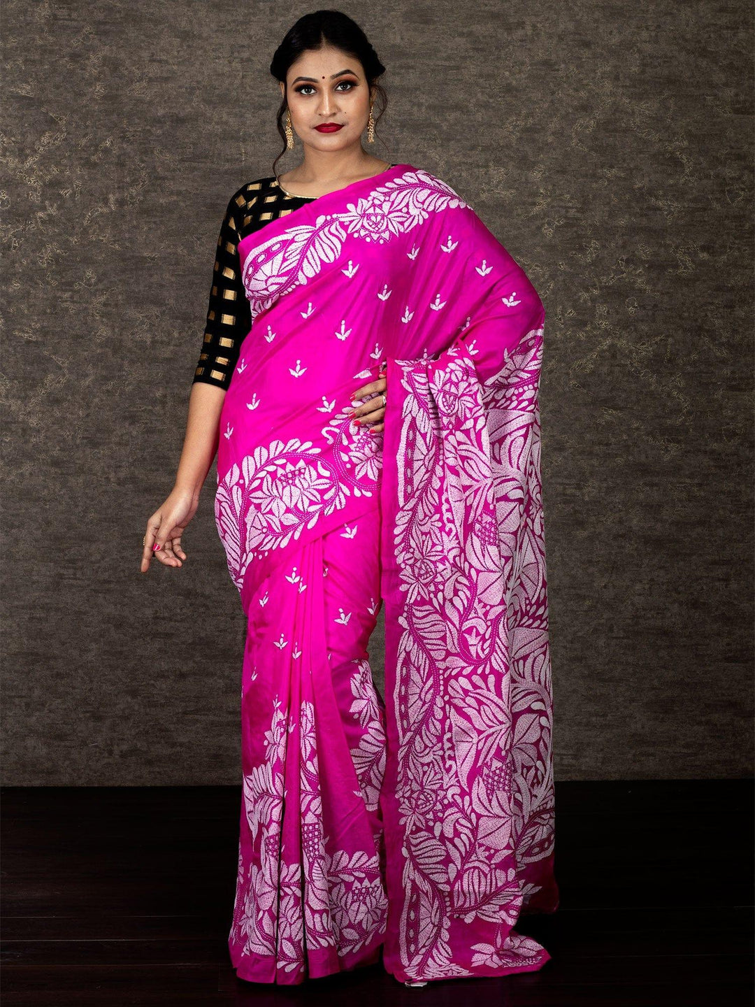 Pink Lotus Kantha Stitch Bangalore Silk Saree - WeaversIndia