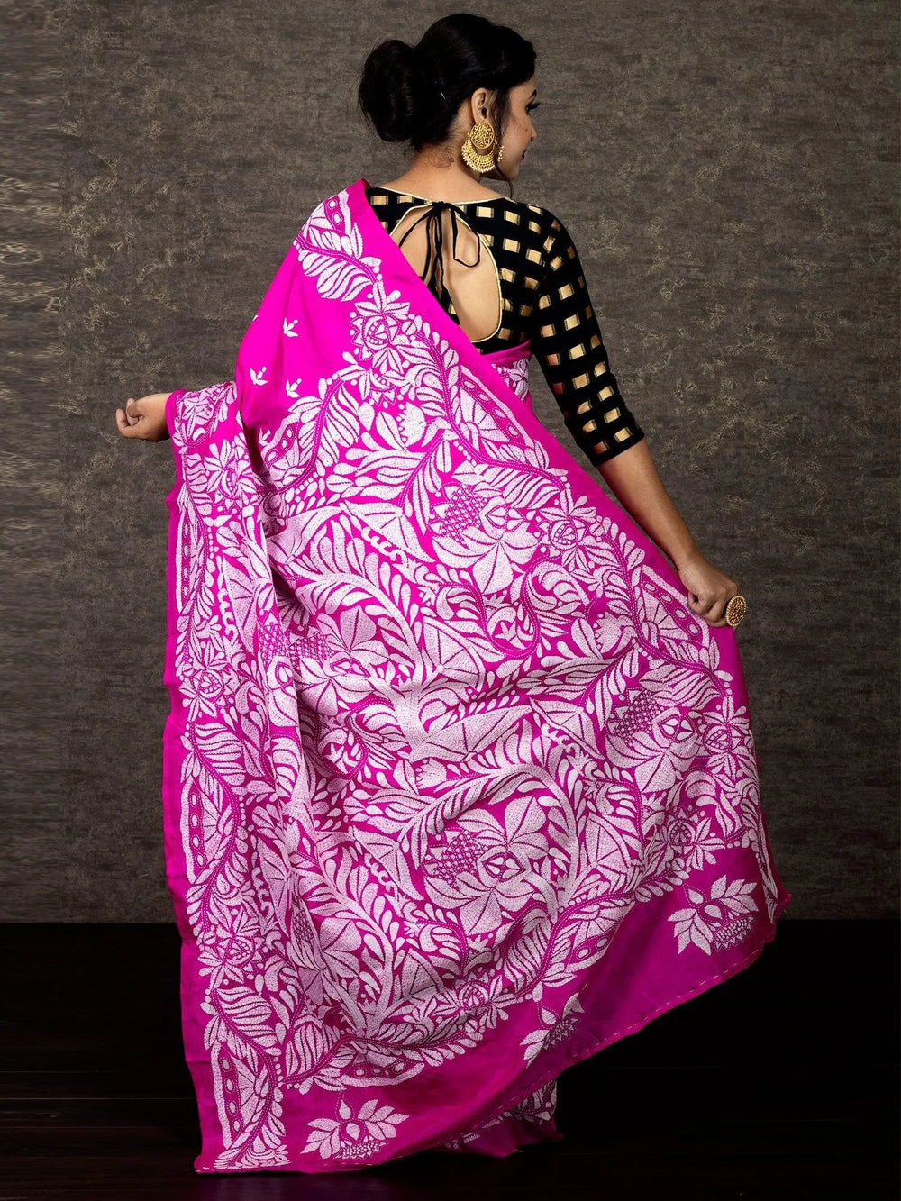 Pink Lotus Kantha Stitch Bangalore Silk Saree - WeaversIndia