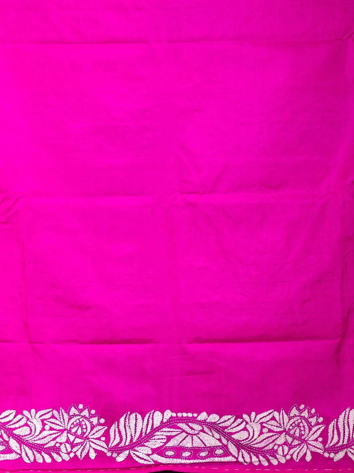 Pink Lotus Kantha Stitch Bangalore Silk Saree - WeaversIndia
