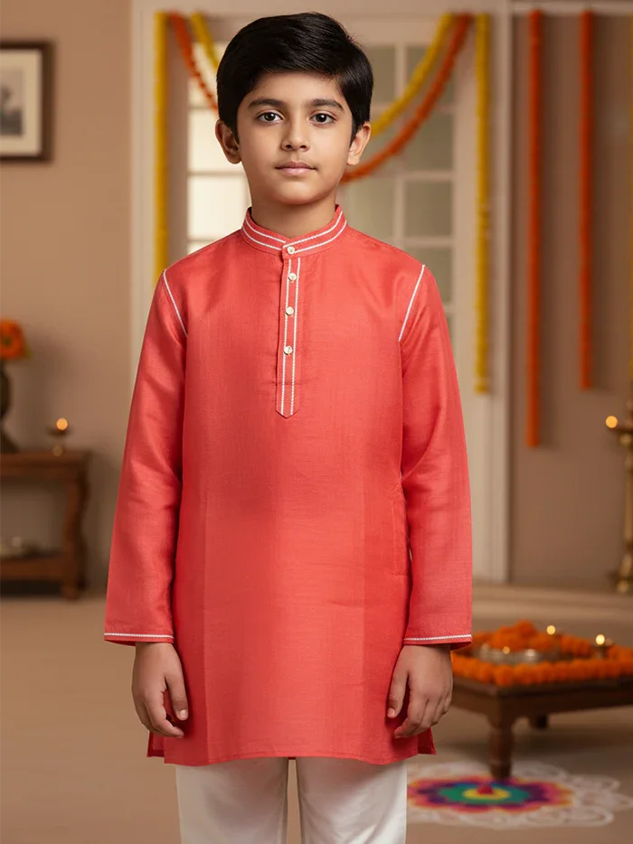 Light Red Bishnupuri Katan Silk Boys Long Kurta - WeaversIndia