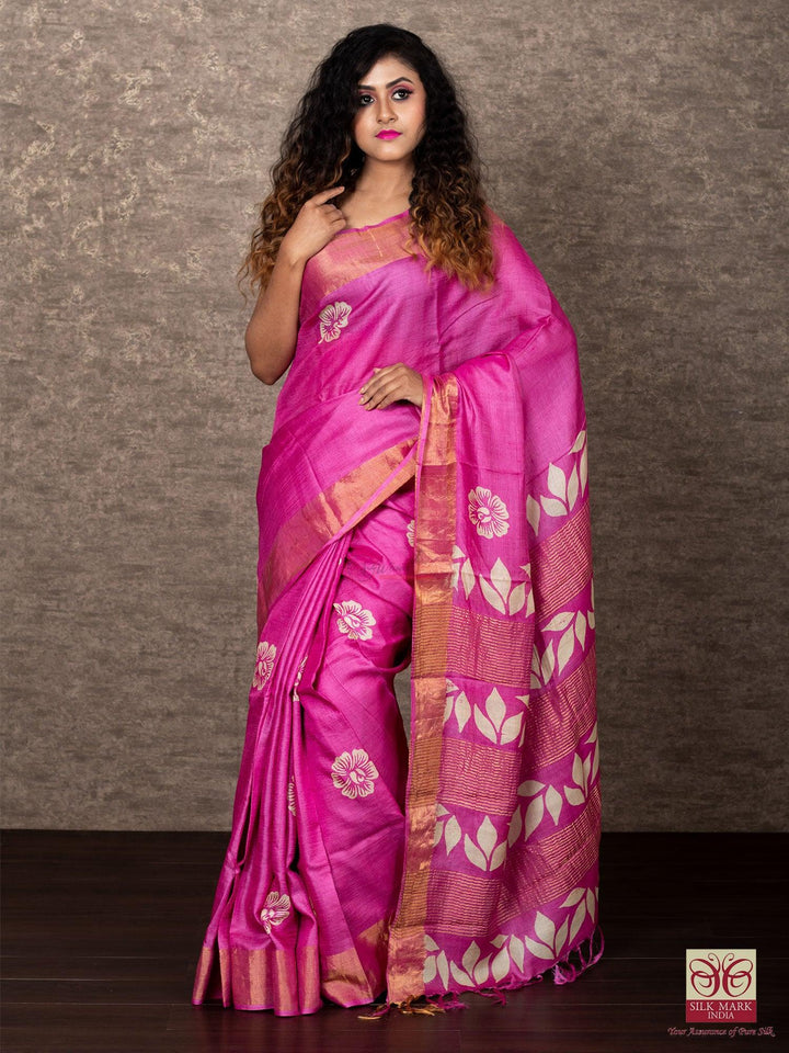 Reach Pink Color Par Anchal Block Printed Tussar Silk Saree - WeaversIndia