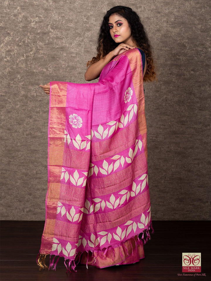 Reach Pink Color Par Anchal Block Printed Tussar Silk Saree - WeaversIndia