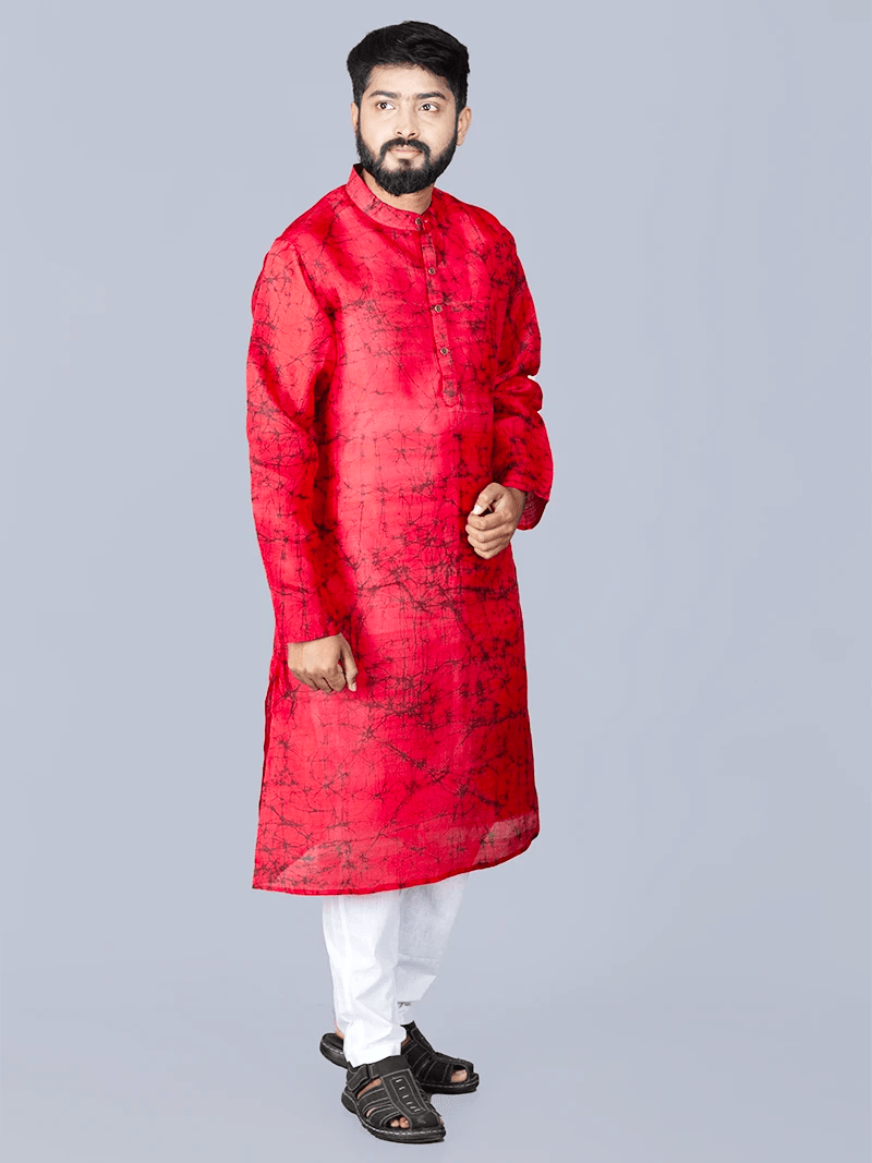 Red Batik Printed Pure Silk Men Kurta - WeaversIndia