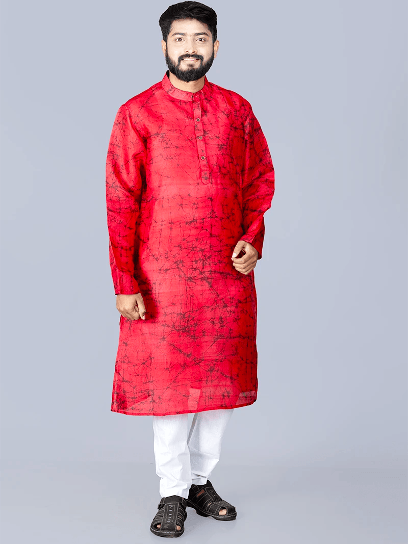 Red Batik Printed Pure Silk Men Kurta - WeaversIndia