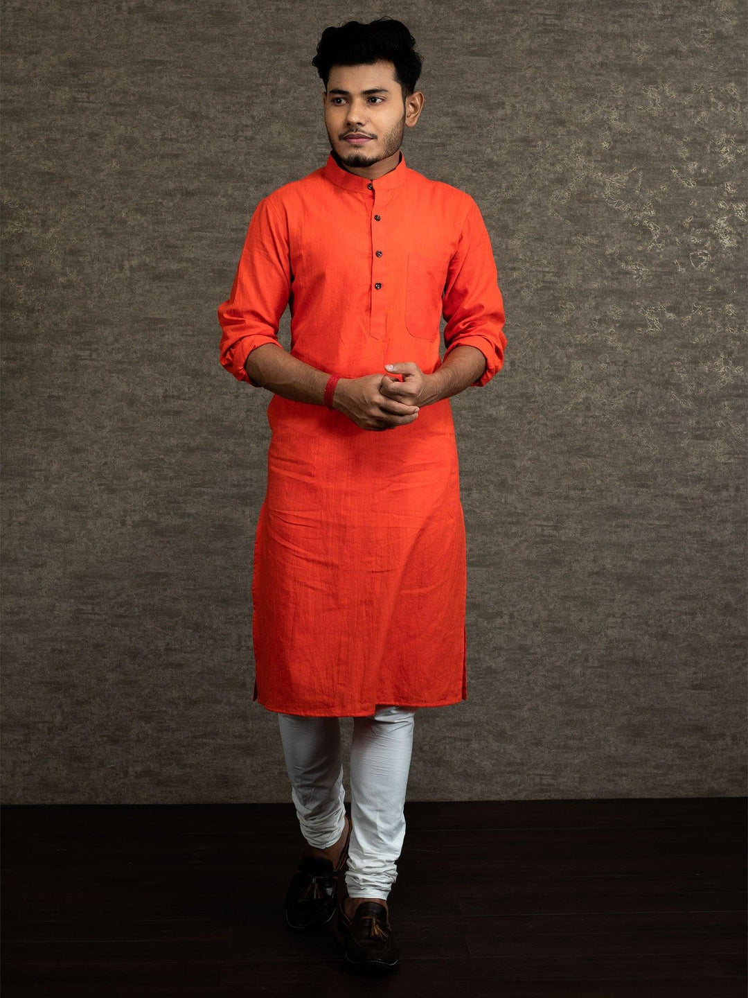 Red Orange Handwoven Cotton Muslin Slim Fit Men Kurta - WeaversIndia