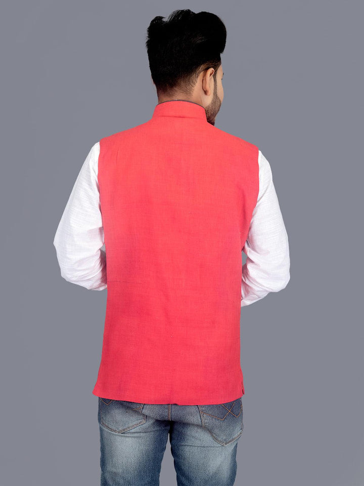 Red Solid Matka Silk Modi Jacket - WeaversIndia