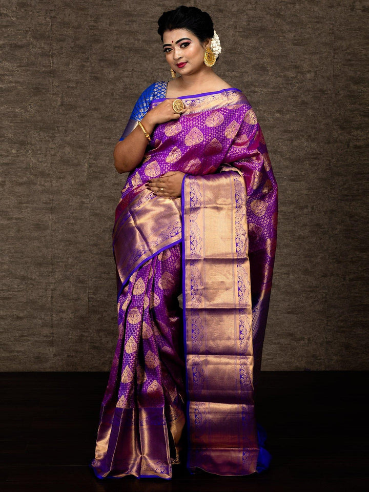 Red Violet Bridal Kanchipuram Silk Saree - WeaversIndia