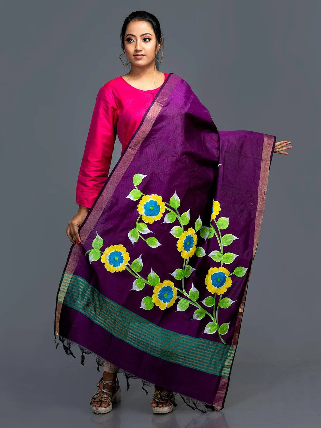 Red Violet Hand Painted Bishnupuri Katan Silk Dupatta - WeaversIndia