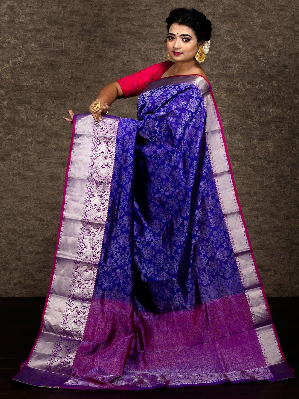 Royal Blue Allover Kanchipuram Silk Bridal Saree - WeaversIndia