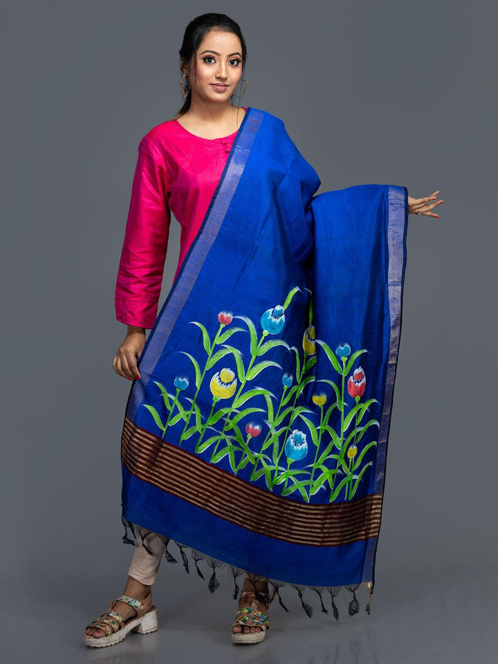 Royal Blue Hand Painted Bishnupuri Katan Silk Dupatta - WeaversIndia