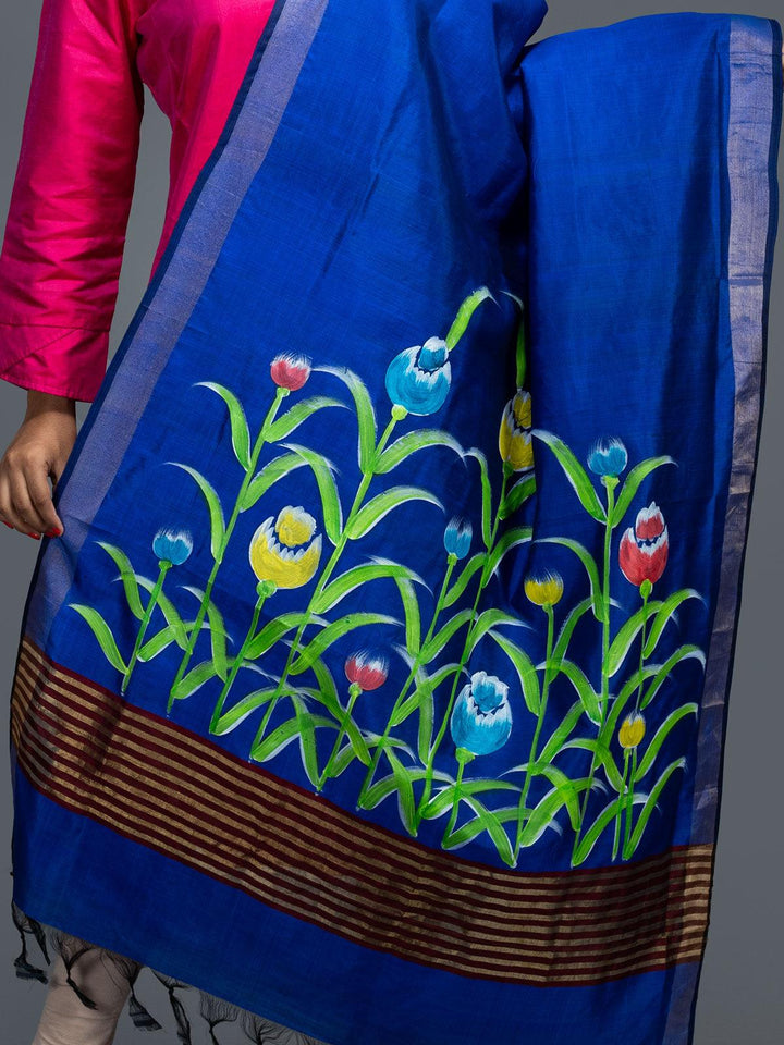 Royal Blue Hand Painted Bishnupuri Katan Silk Dupatta - WeaversIndia