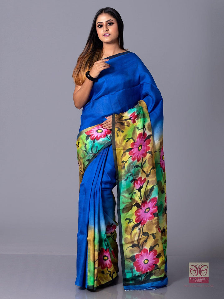 Royal Blue Par Anchal Hand Painted Murshidabad Silk Saree - WeaversIndia