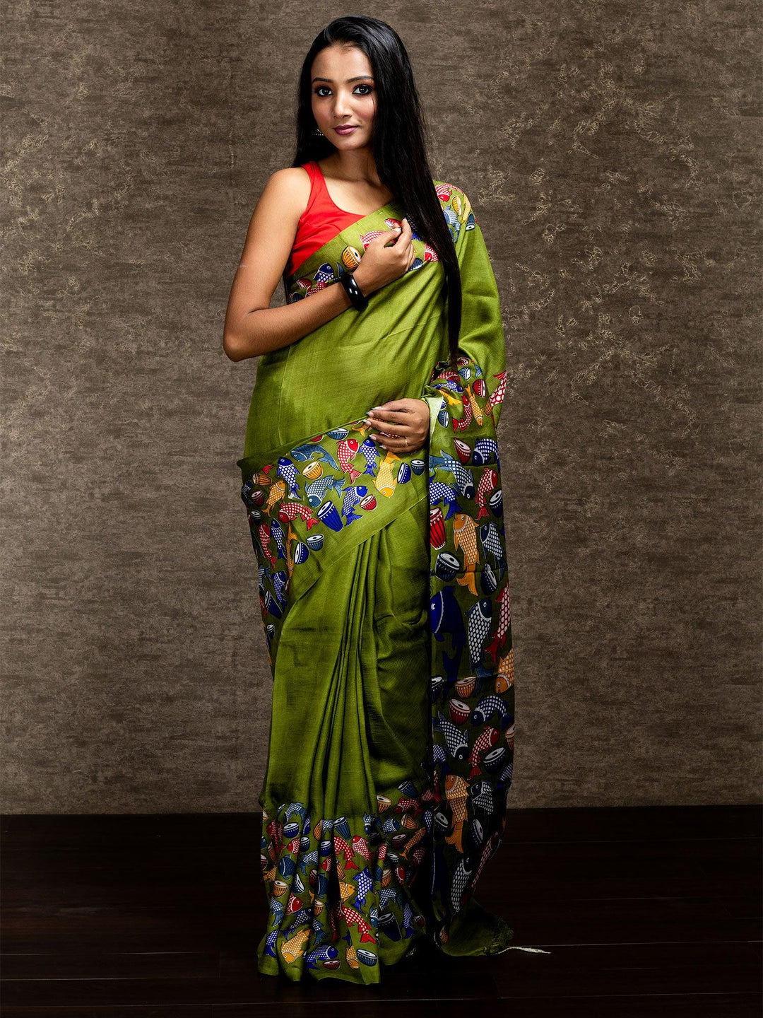 Royal Blue Pattachitra Printed Murshidabad Silk Saree - WeaversIndia