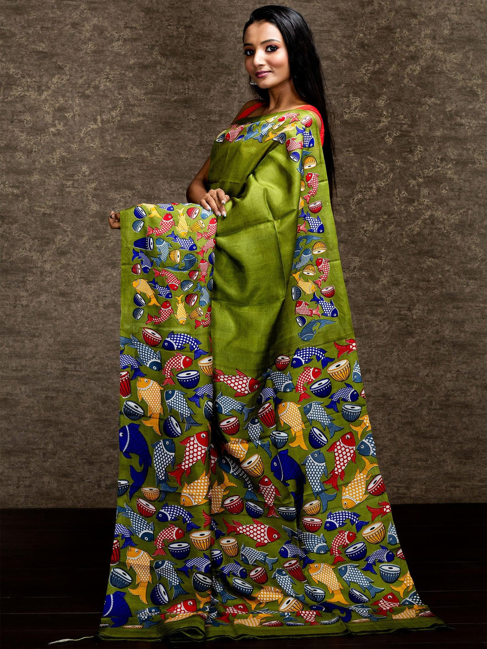 Royal Blue Pattachitra Printed Murshidabad Silk Saree - WeaversIndia