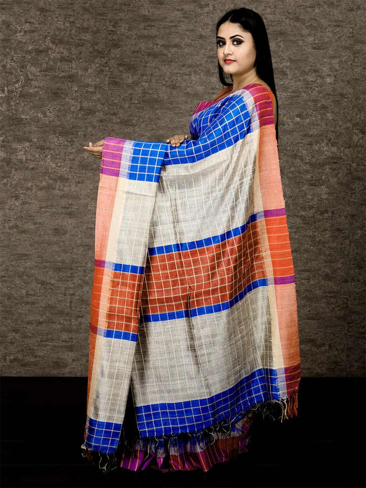 Royal Blue Woven Checks Dupion Silk Saree - WeaversIndia