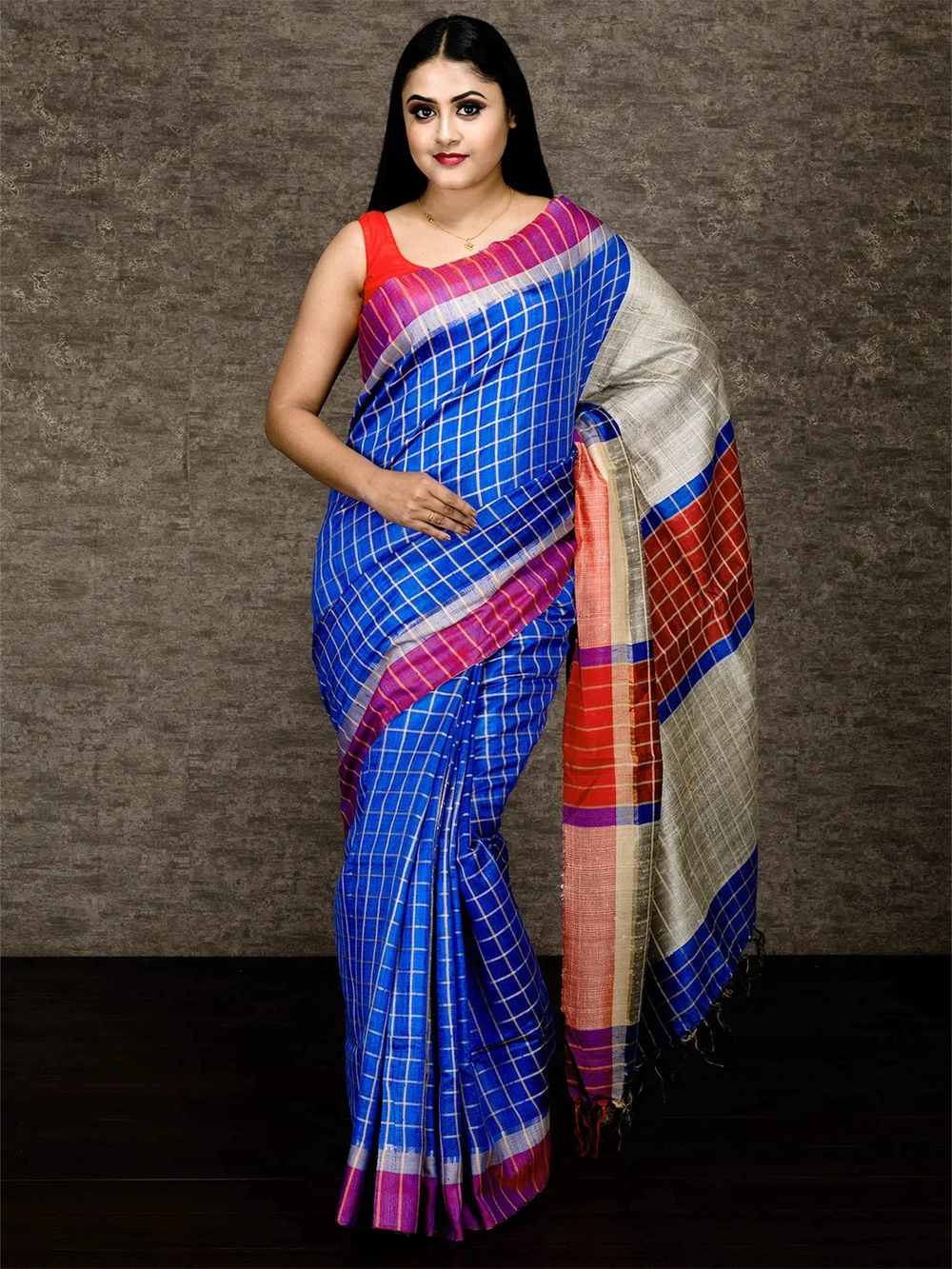Royal Blue Woven Checks Dupion Silk Saree - WeaversIndia