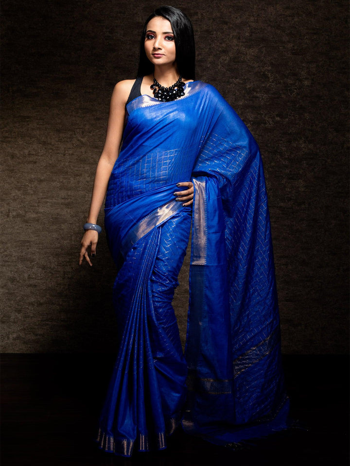 Royal Blue Woven Jari Checks Bhagalpuri Silk Saree - WeaversIndia