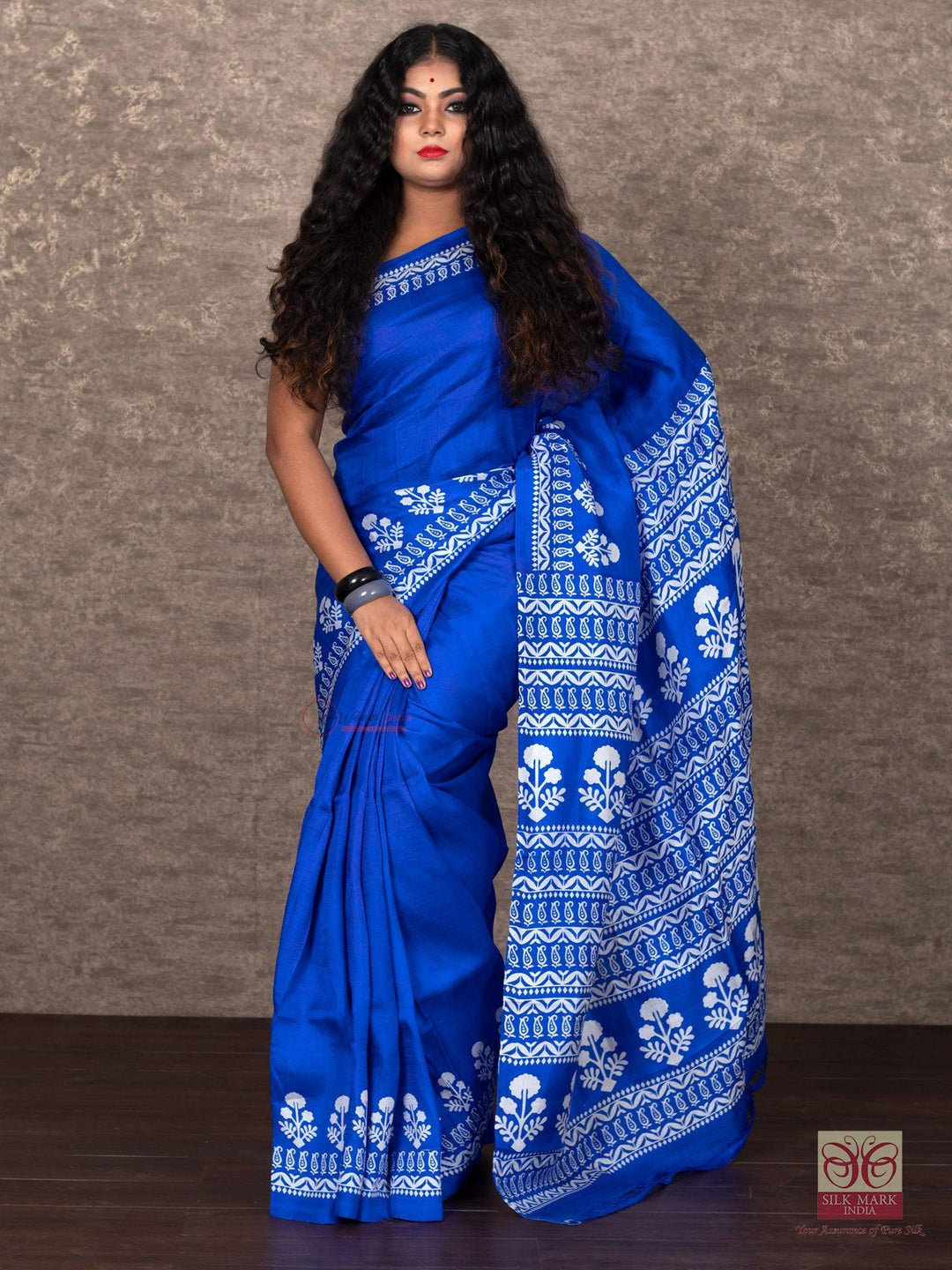 Royle Blue Par Anchal Block Printed Murshidabad Silk Saree - WeaversIndia