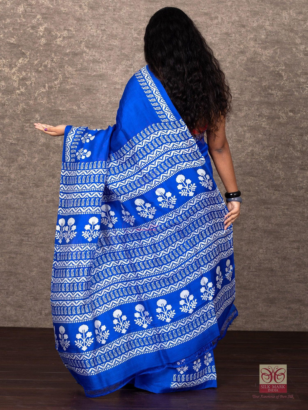 Royle Blue Par Anchal Block Printed Murshidabad Silk Saree - WeaversIndia