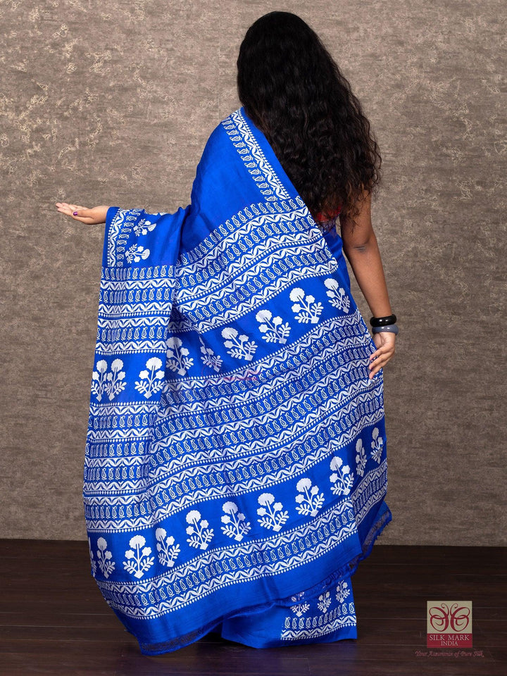 Royle Blue Par Anchal Block Printed Murshidabad Silk Saree - WeaversIndia