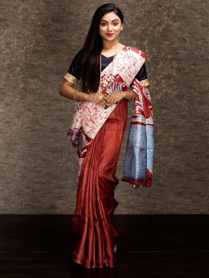 Rust Allover Batik Printed Murshidabad Silk Saree - WeaversIndia