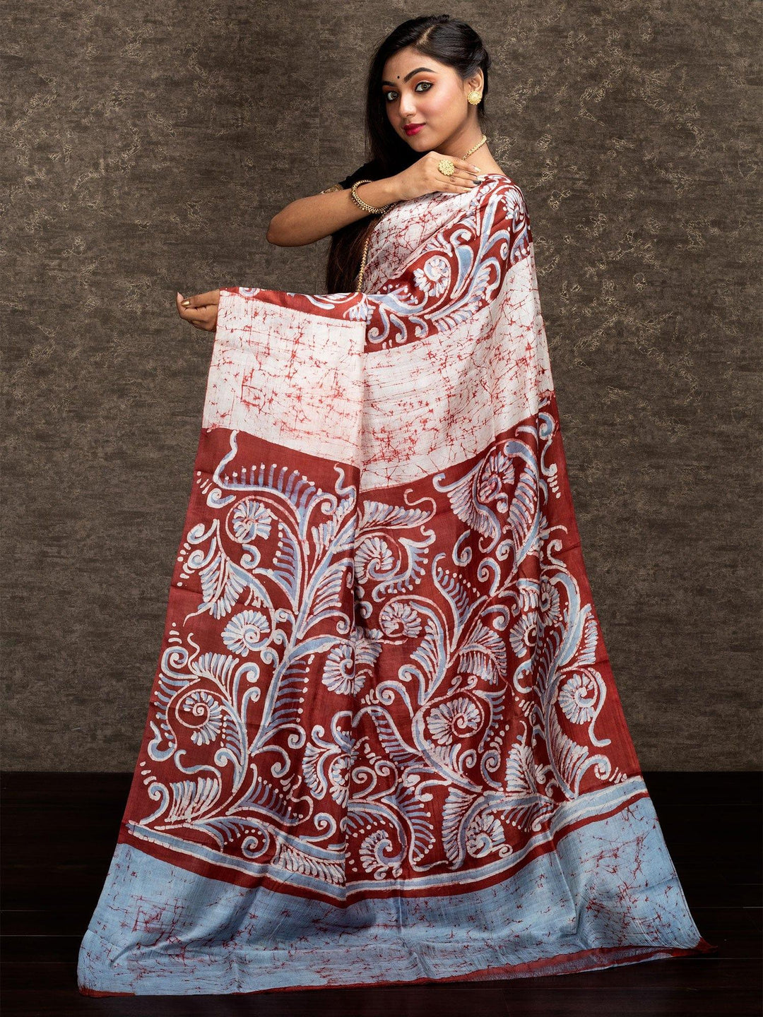 Rust Allover Batik Printed Murshidabad Silk Saree - WeaversIndia