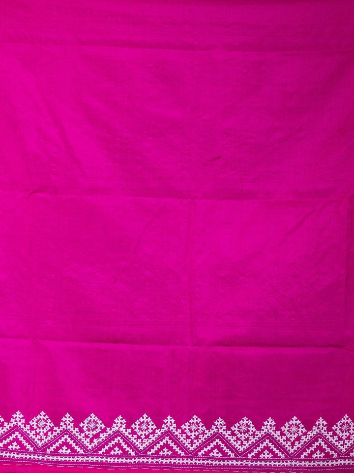 Singular Pink Gujrati Kantha Stitch Bangalore Silk Saree - WeaversIndia