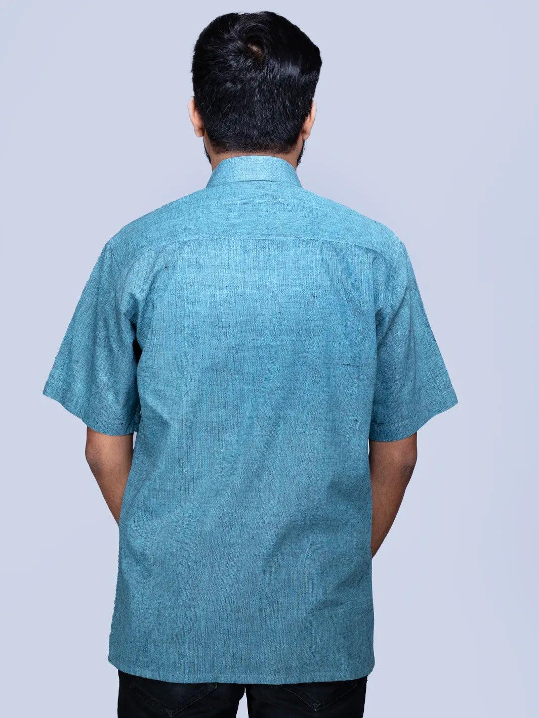 Sky Blue Black Dual Tone Handwoven Organic Cotton Formal Men Shirt - WeaversIndia