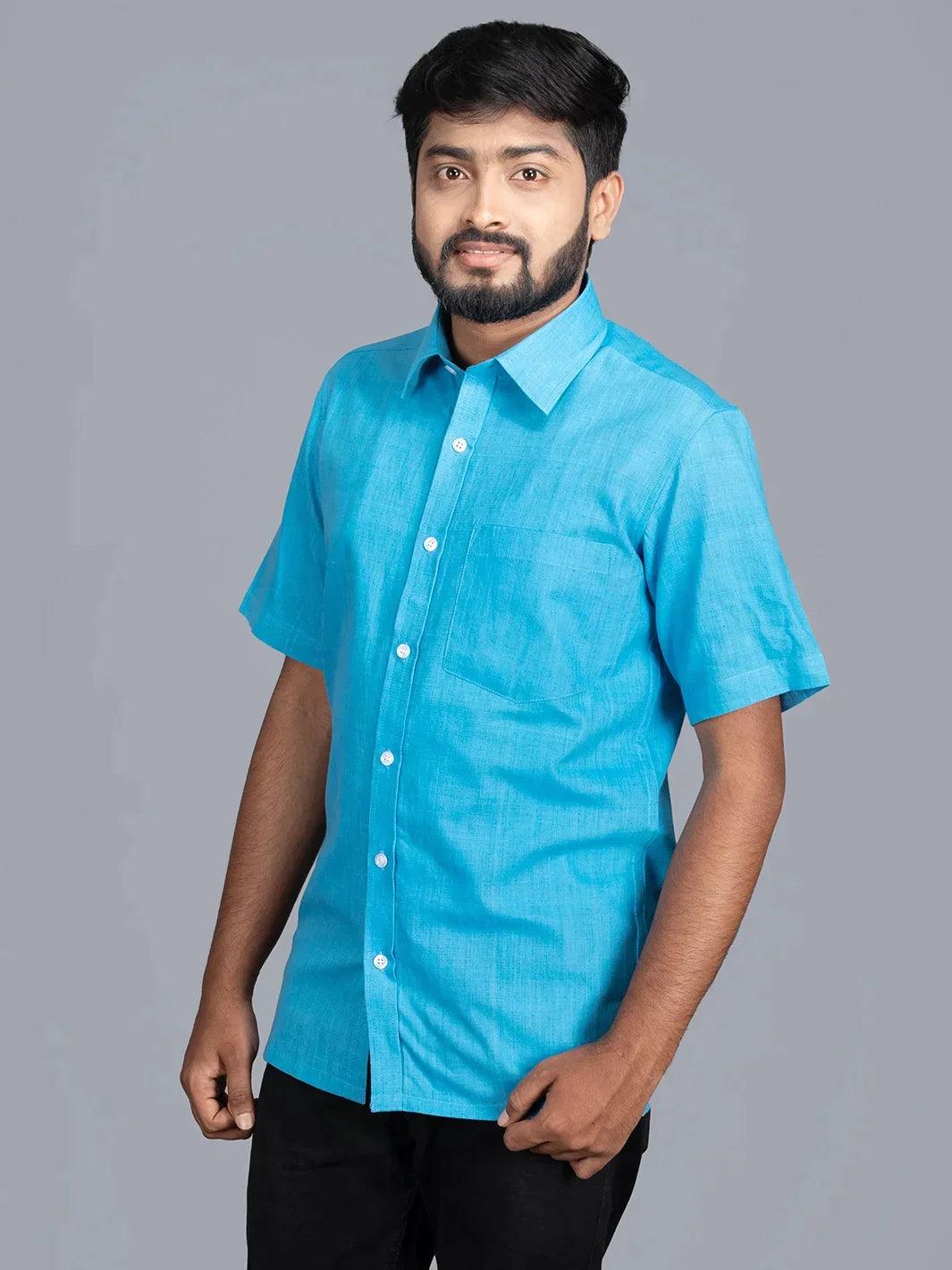 Sky Blue Handwoven Organic Cotton Formal Men Shirt - WeaversIndia