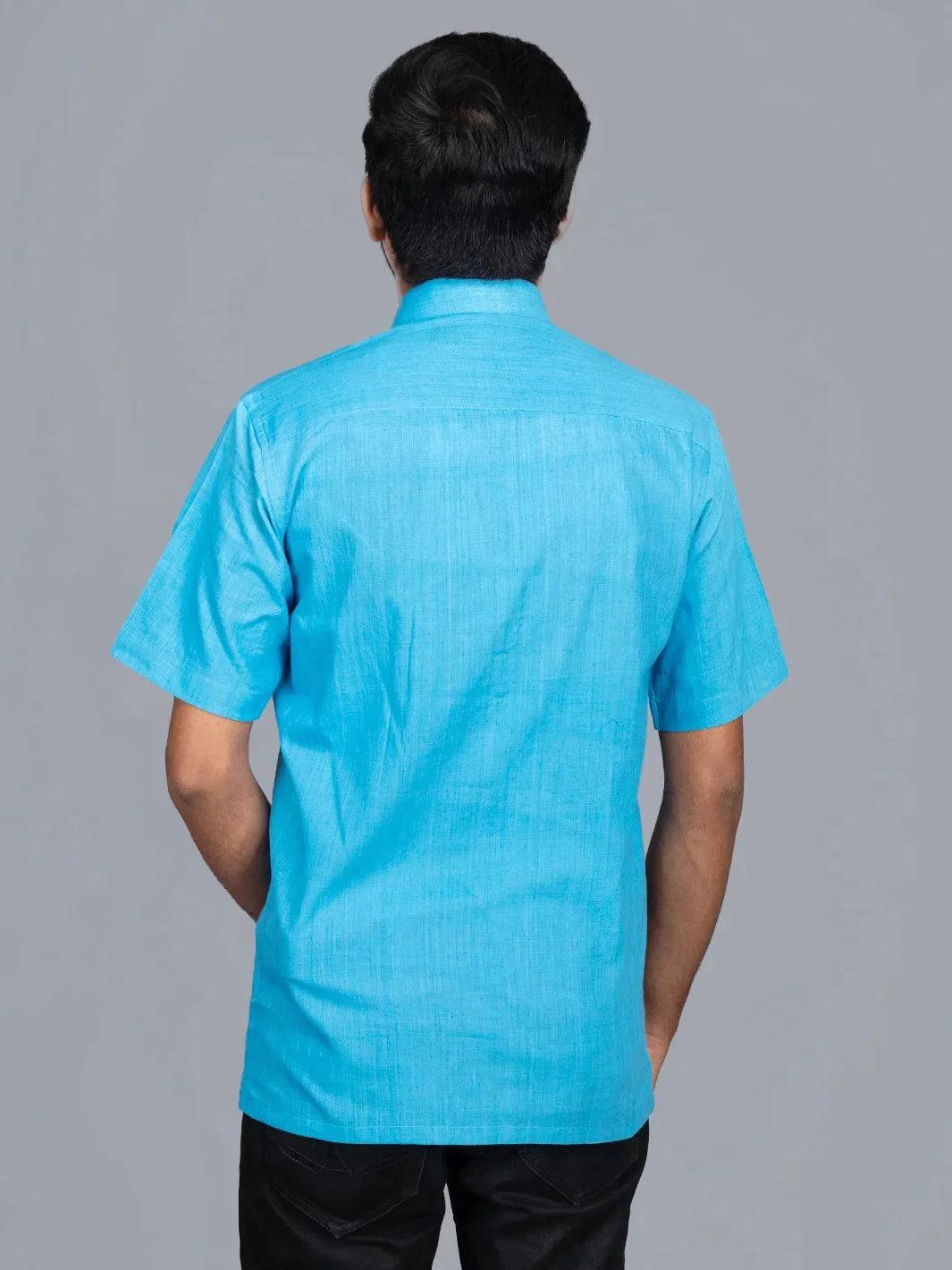 Sky Blue Handwoven Organic Cotton Formal Men Shirt - WeaversIndia