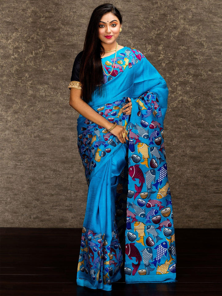 Sky Blue Pattachitra Printed Murshidabad Silk Saree - WeaversIndia