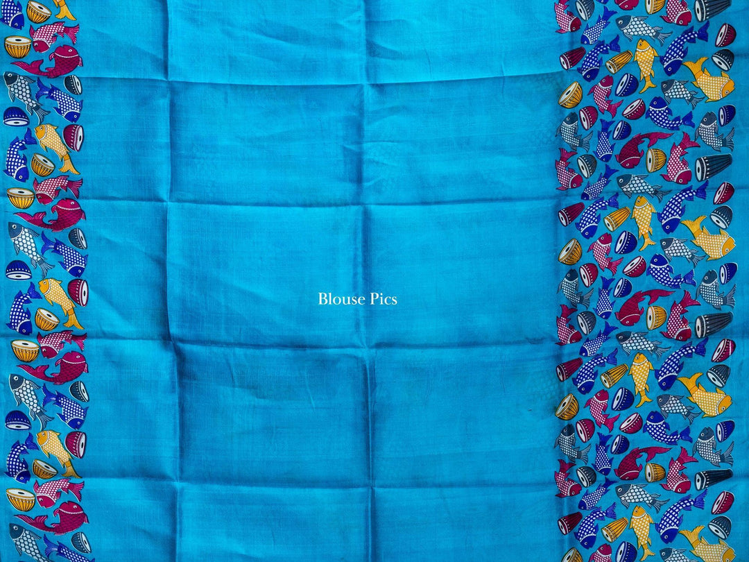 Sky Blue Pattachitra Printed Murshidabad Silk Saree - WeaversIndia