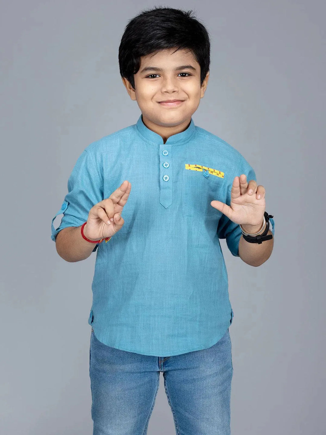 Sky Blue Slab Cotton Boys Short Kurta - WeaversIndia